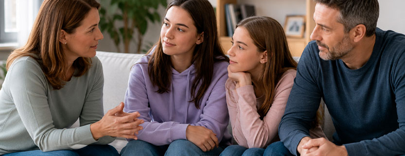 Genitori e due figlie adolescenti e giovani adulte dialogano serenamente insieme nel salotto di casa.