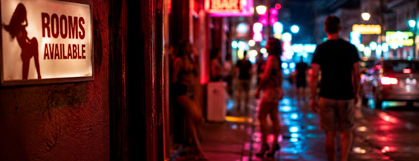 Strada notturna illuminata da insegne al neon in una zona di locali per adulti, con turisti e persone sul marciapiede.