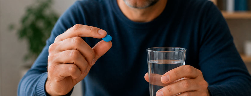 Uomo adulto tiene tra le dita una compressa blu prima di assumerla con un bicchiere d’acqua.