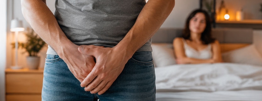 Uomo vestito con jeans e maglietta tiene le mani davanti all’inguine mentre la partner è seduta sul letto sullo sfondo.