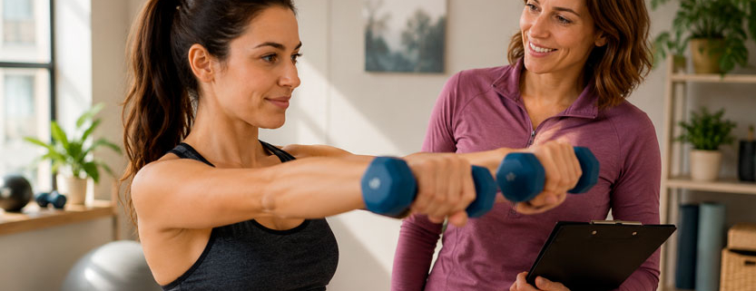 Donna adulta si allena con i manubri in palestra sotto la supervisione di una personal trainer.
