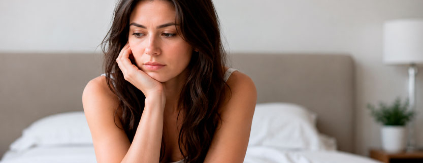 Donna adulta pensierosa seduta sul letto in una camera da letto