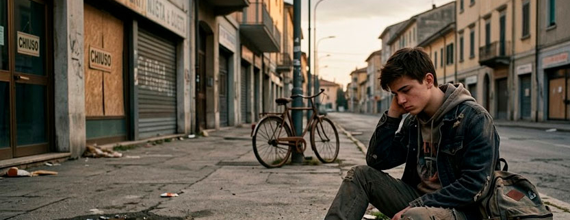 Un ragazzo adolescente seduto da solo sul bordo di un marciapiede in una strada cittadina deserta, con la testa abbassata e uno sguardo malinconico.