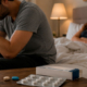 Uomo adulto pensieroso seduto sul letto accanto alla partner con farmaci generici in primo piano