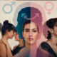 Composizione editoriale con coppie dello stesso sesso, persone con diverse espressioni di genere e riferimenti simbolici al sesso biologico